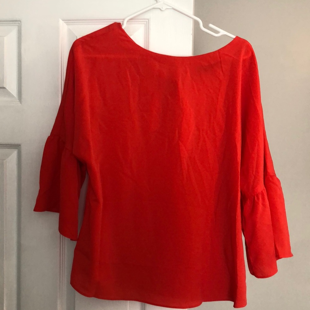 Coral work blouse with peplum sleeves and tie